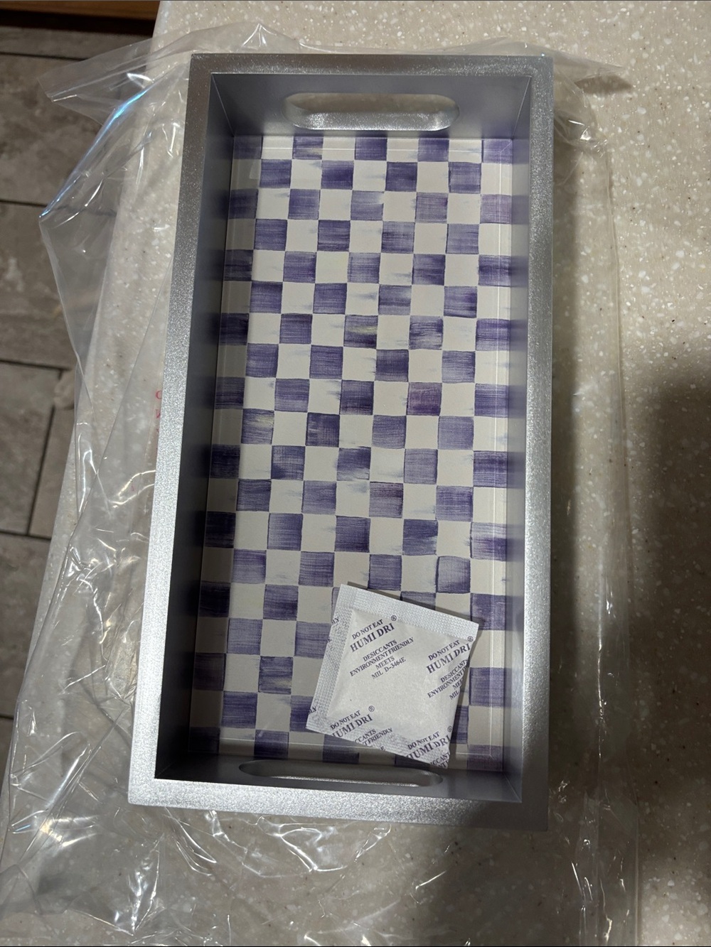 Mackenzie Childs glass vanity Tray in Purple & White